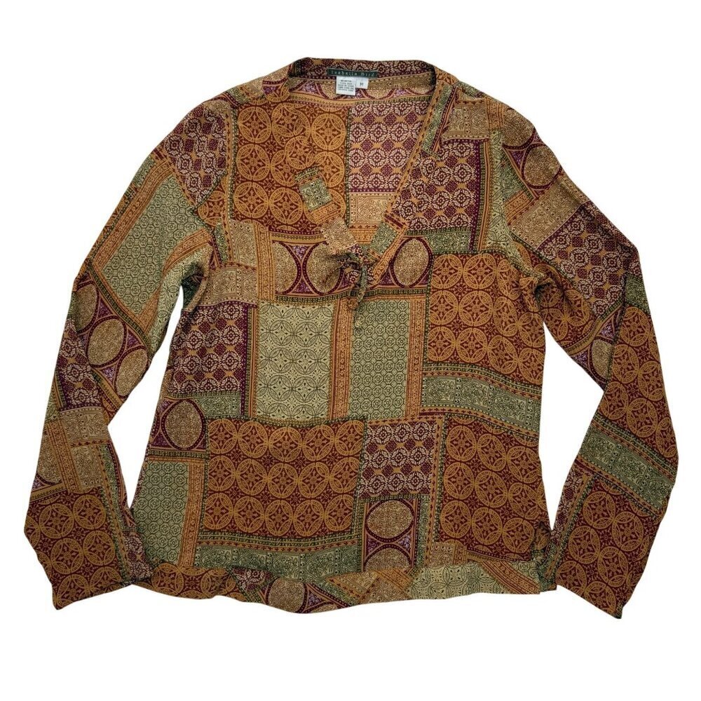 VTG Isabella Bird 100% Silk Popover Top Patchwork Print Boho Retro Size‎ Medium